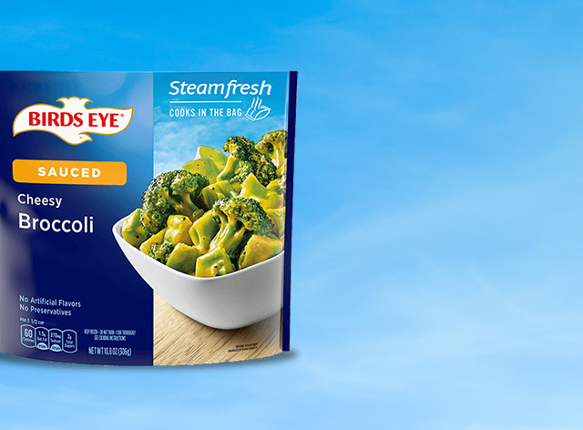 Birds Eye Cheesy Broccoli package on a sky with clouds background