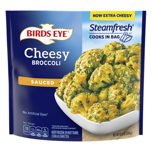 Birds Eye Sauced Cheesy Broccoli in a bag, featuring vibrant green broccoli pieces with cheese sauce, no preservatives.